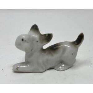 Vintage Porcelain Japan Prancing Scotty Dog Gray White Miniature Figurine